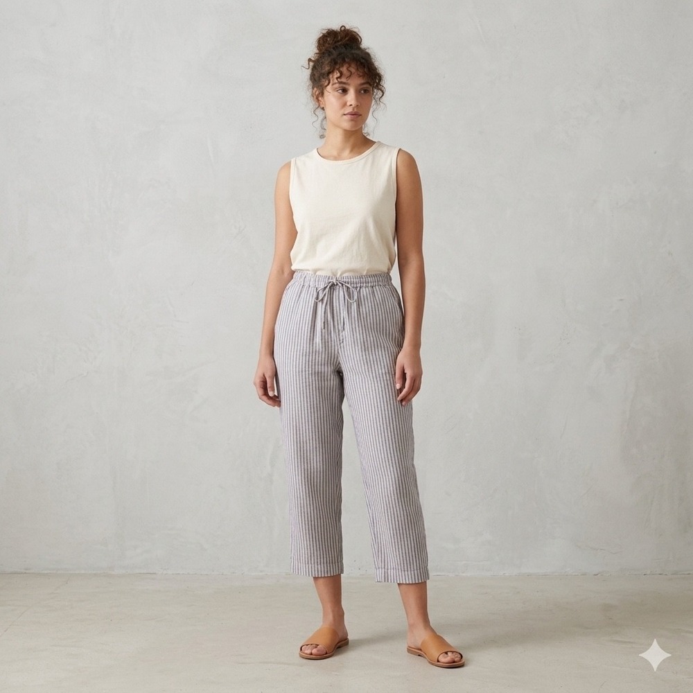 Marsh Landing Striped Linen Capri Pants Womens PS Purple Tan‎ Drawstring Coastal